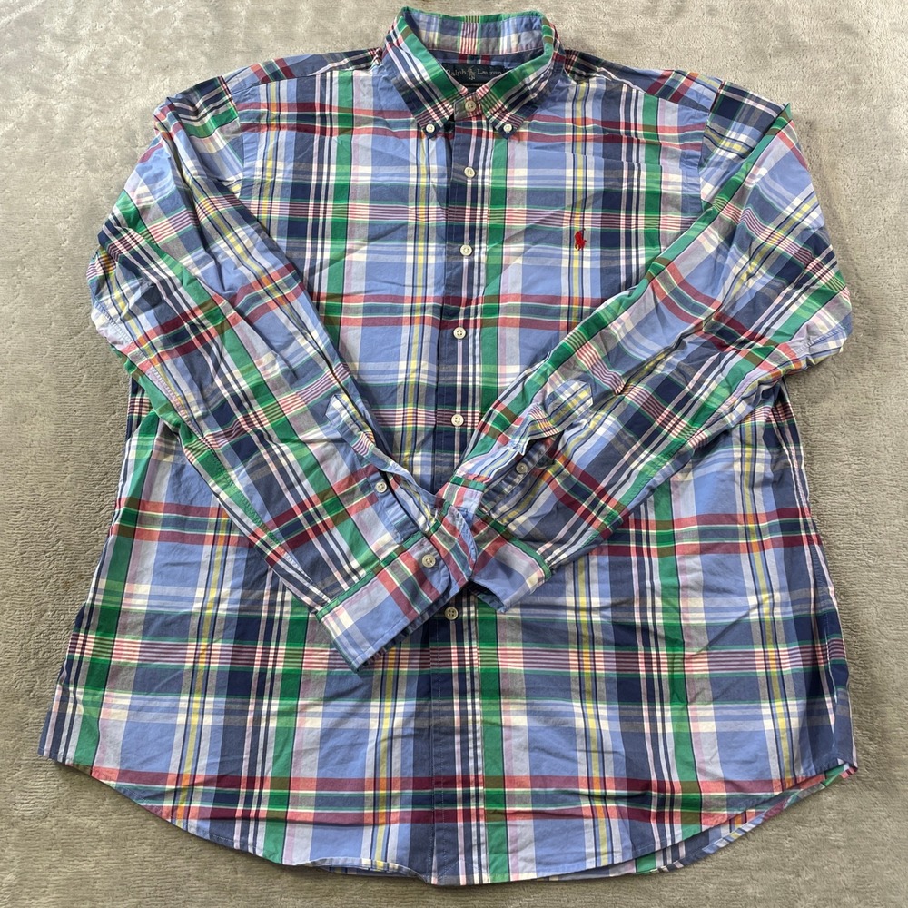 Ralph Lauren Shirt Mens XL Blue Madras Plaid Custom Fit Button Preppy Holiday